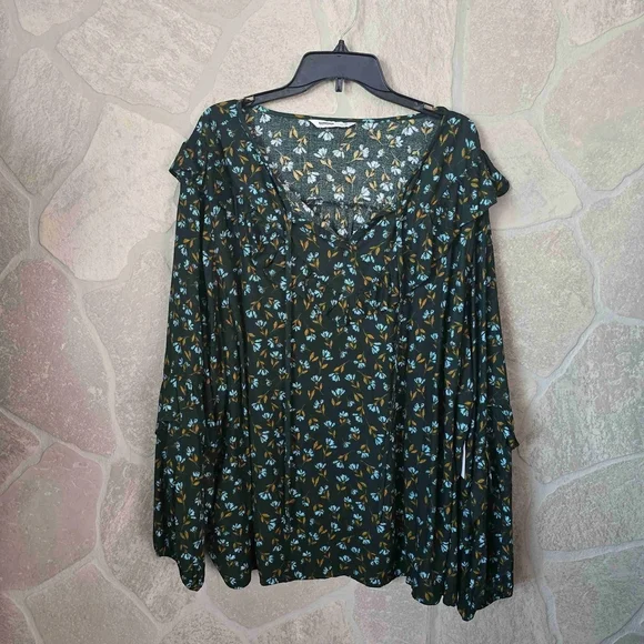 Floral Blouse Womens 4X Green Ruffle Long Sleeve Tie Neck NWT Plus - Picture 10 of 10